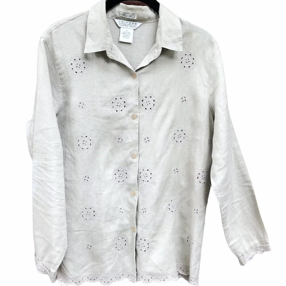 Uniform Medium 100% Linen Shirt Beige Button Up Eyelet Cream Light Top Jacket - Picture 7 of 7